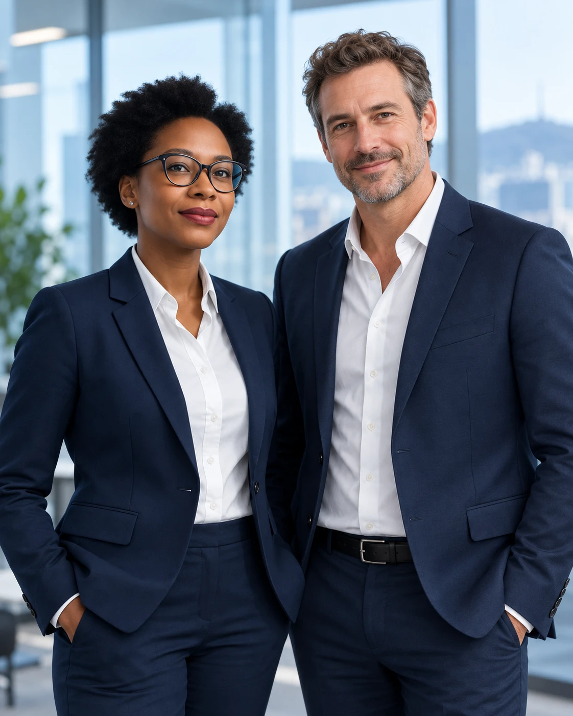 Deux personnages professionnels illustrant la collaboration entre le Québec et le Sénégal
